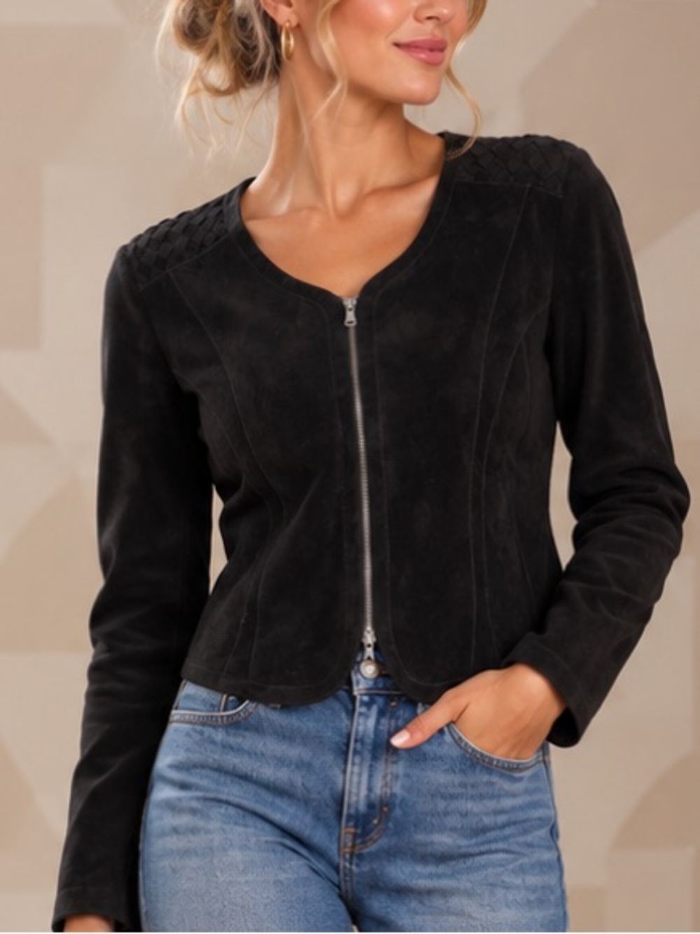 🖤MAKE OFFER🖤 Ella Moss Black Zip-Front Crop Suede Jacket Silk Lining SZ Large